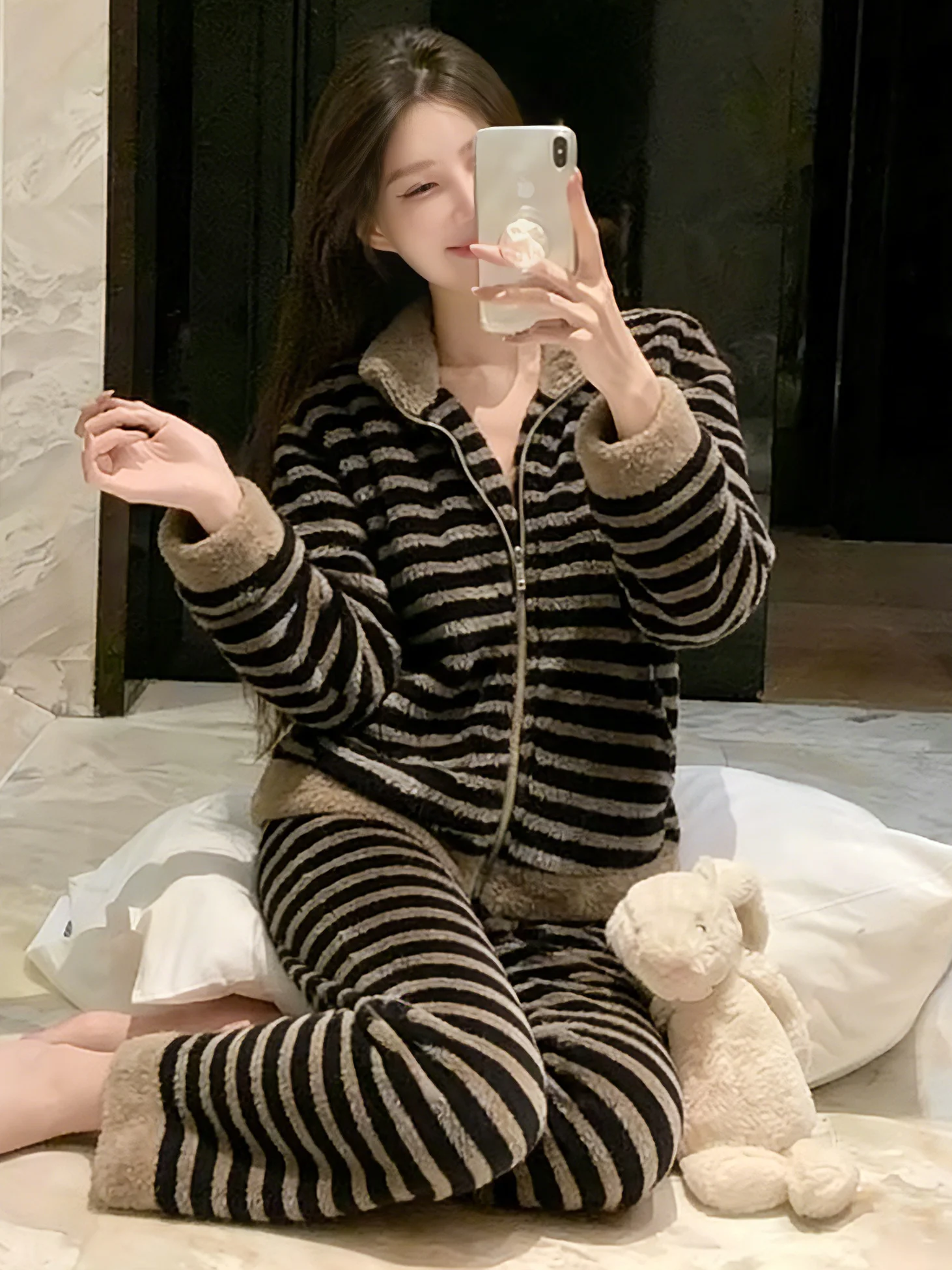 thiened-coral-fce-pajamas-women's-winter-spwear-home-clothes-set-with-zipper-casual-sle-long-sve-stand-collar