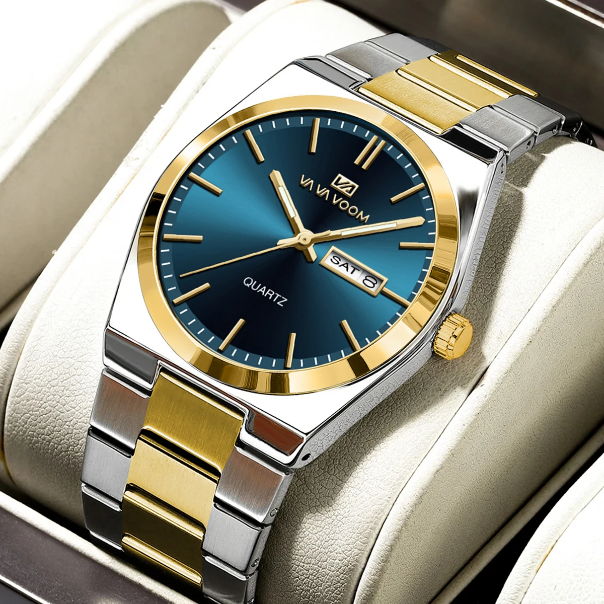 2024 New Original Mens Watch 40mm Luxury Blue Gold Dial Fashion Stainless Steel Strap Night Light Dual Calendar Quartz Men Watch