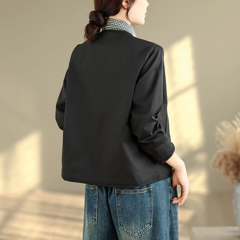 Hohe Qualität Frühling Herbst Damen Jaet Einfacher vielseitiger Stehkragen ort Sle Faionable Top Polyester Baumwollmischung