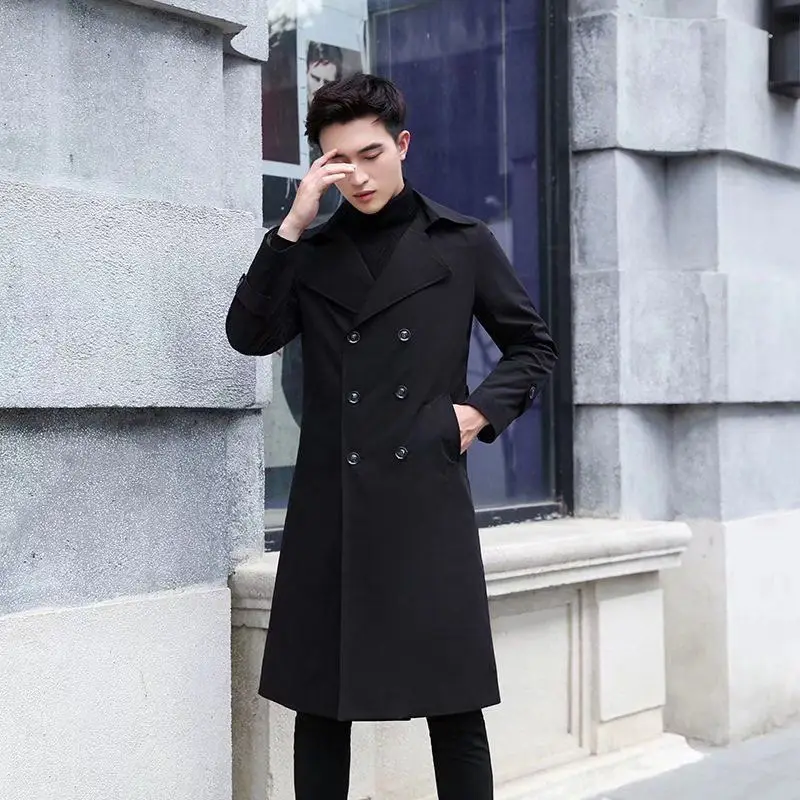 

Korean Style Men's Autumn Winter Trench Coat Over Knee Loose Fit Double Buttons Casual Windbreaker