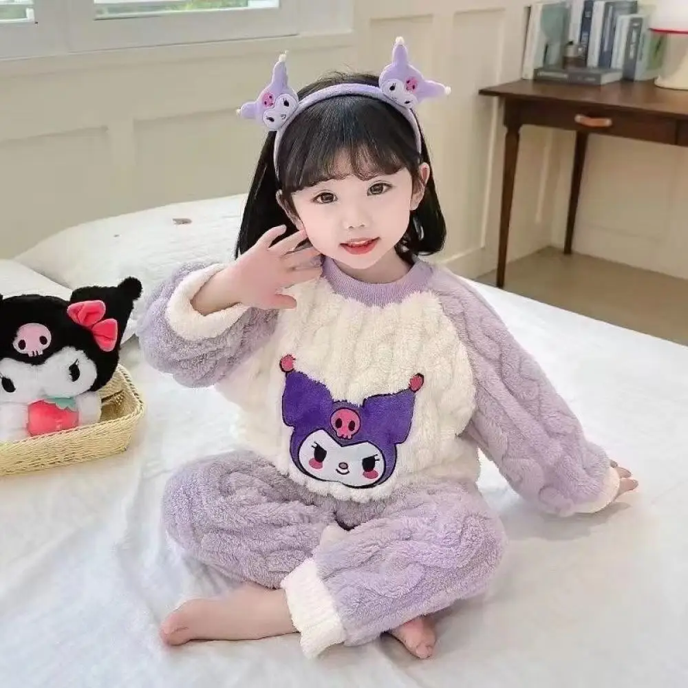 Sanrio Kuromi Girls Flannel Pajamas Child Cute Lounge Clothes Autumn Winter Cartoon Kawaii Homewear Suit Children's Clothing