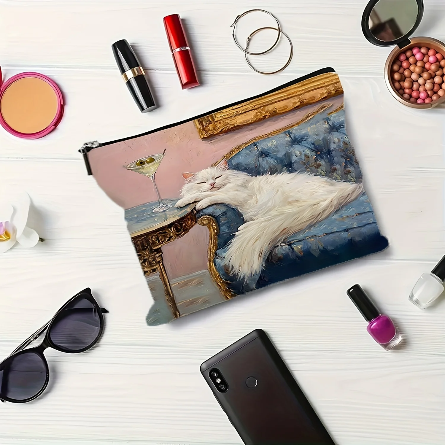 우아한 수면 흰색 고양이 화장품 가방 - 귀여운 다기능 지퍼 가방, 보석 보관 가방, 완벽한 여행용 지퍼 소형 보관 가방