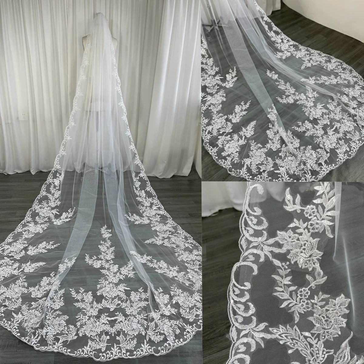 

Elegant Wedding Veils Long Chapel Length One Layer Lace Applique Edge Bride Veils Custom Made Accessories