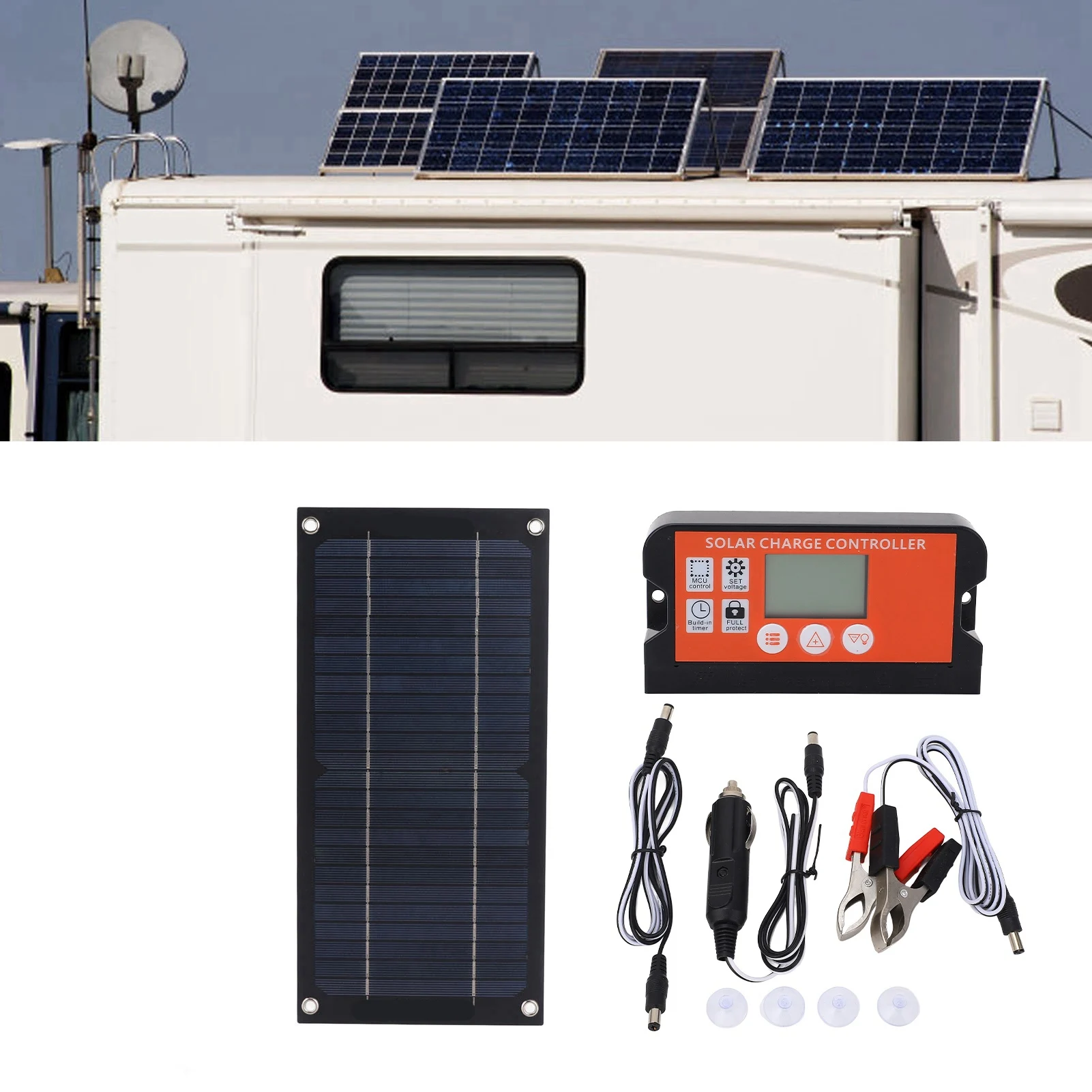 600W Solar Panel Charger Monocrystalline Silicon 100A Charge Controller Solar Panel Kit with Extension Cable Battery Clip for RV