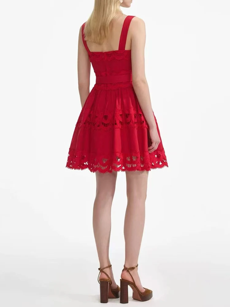 Applicazione da donna estate 2025, ritaglio, allacciatura, vita stretta, abito allacciato, abito gonfio a trapezio ampio e alla moda a vita alta