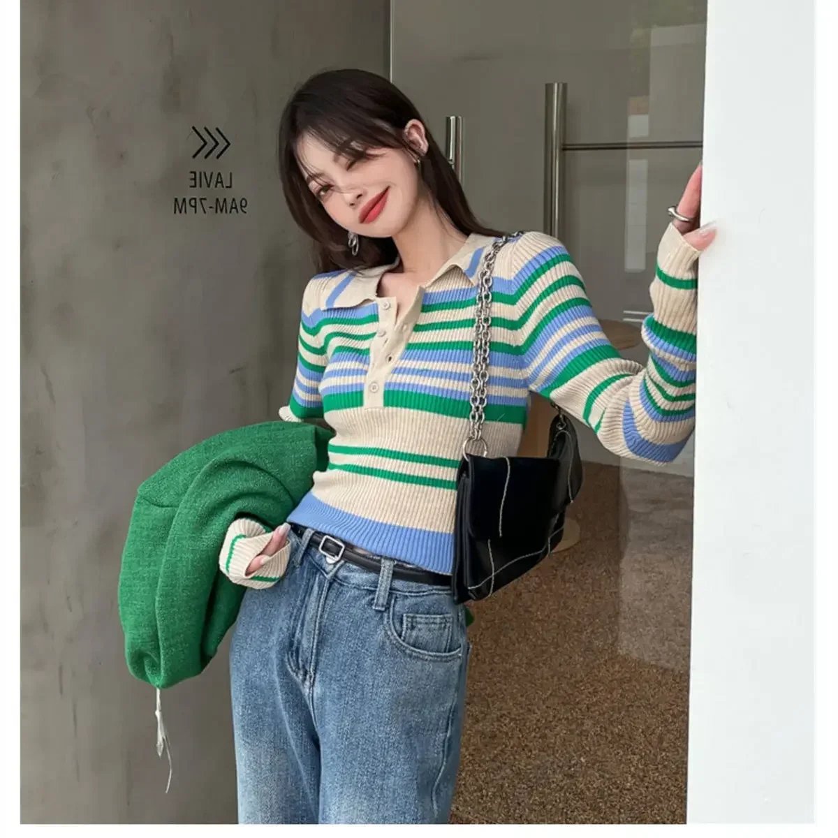 Female Tee Pretty Striped T-shirts Autumn Winter Women's Polo Youthful Clothes High Quality Casual Tops Korean Style Clothing