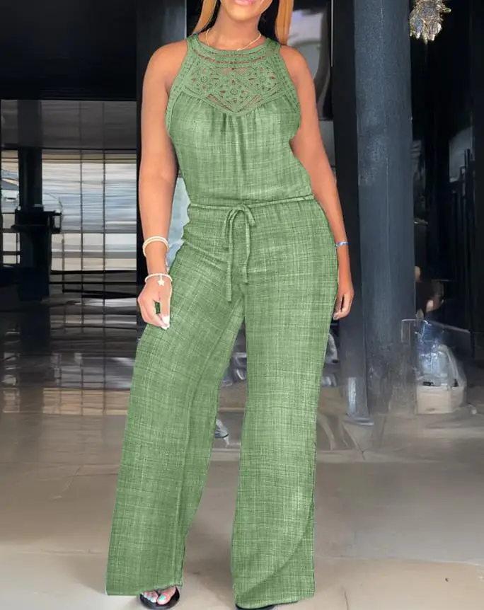 

Jumpsuit Woman Halterneck Hollow-Out Lace Patchwork Drawstring Waist Wide Leg Jumpsuits Simple Commuting Casual Jumpsuit