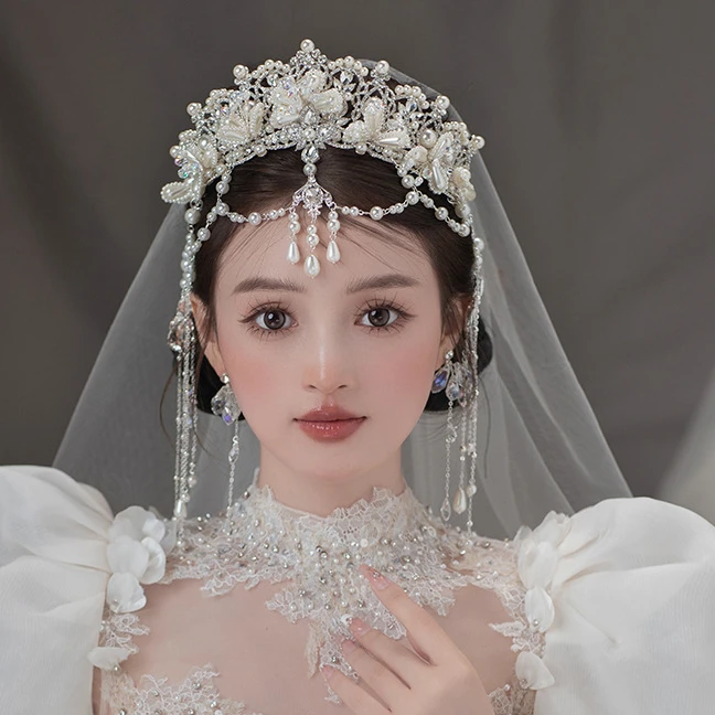 Korean Style Fairy Bride Crystal Tassel Crown Handmade Beaded Eyebrow Pendant Forehead Dress Headwear