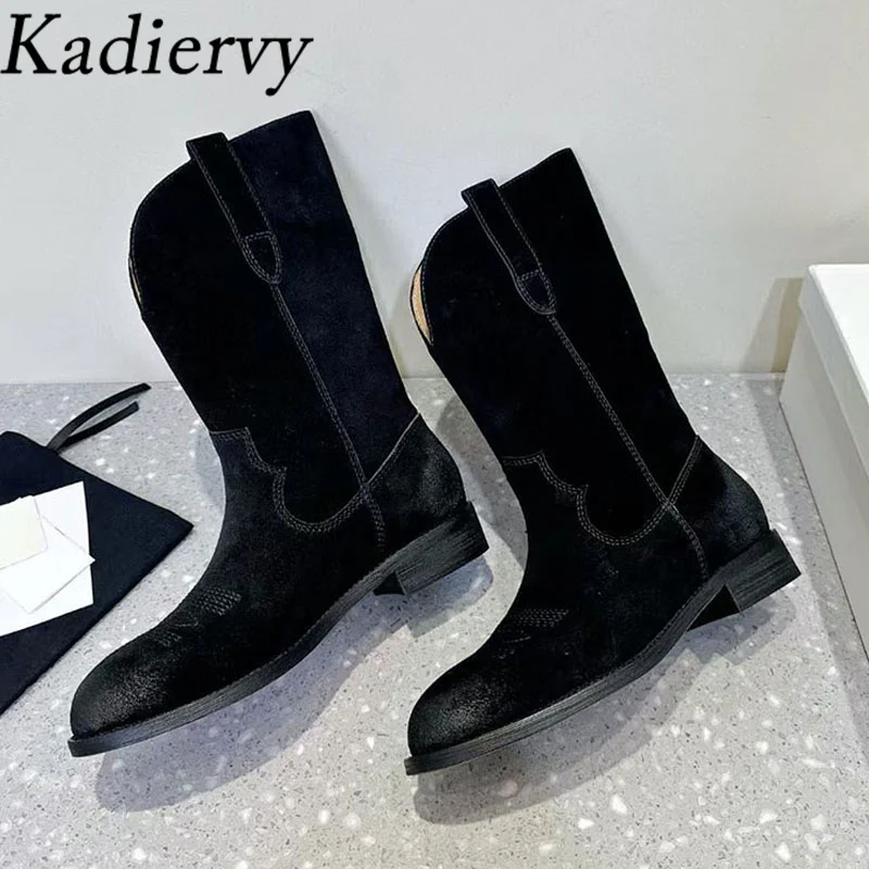 Top Cow Suede Embroidery Western Boots Woman Round Toe Slip-on Knight Boots Retro Shoes Woman Flat Mid Calf Boots Women