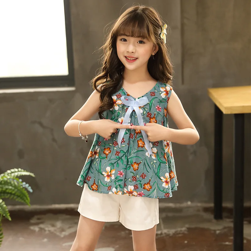 Clothes For Girls floral print Vest + Shorts Suit Summer Princess Outfits For Girls Kids Girls Clothing Set 3 5 7 9 10 12 Years