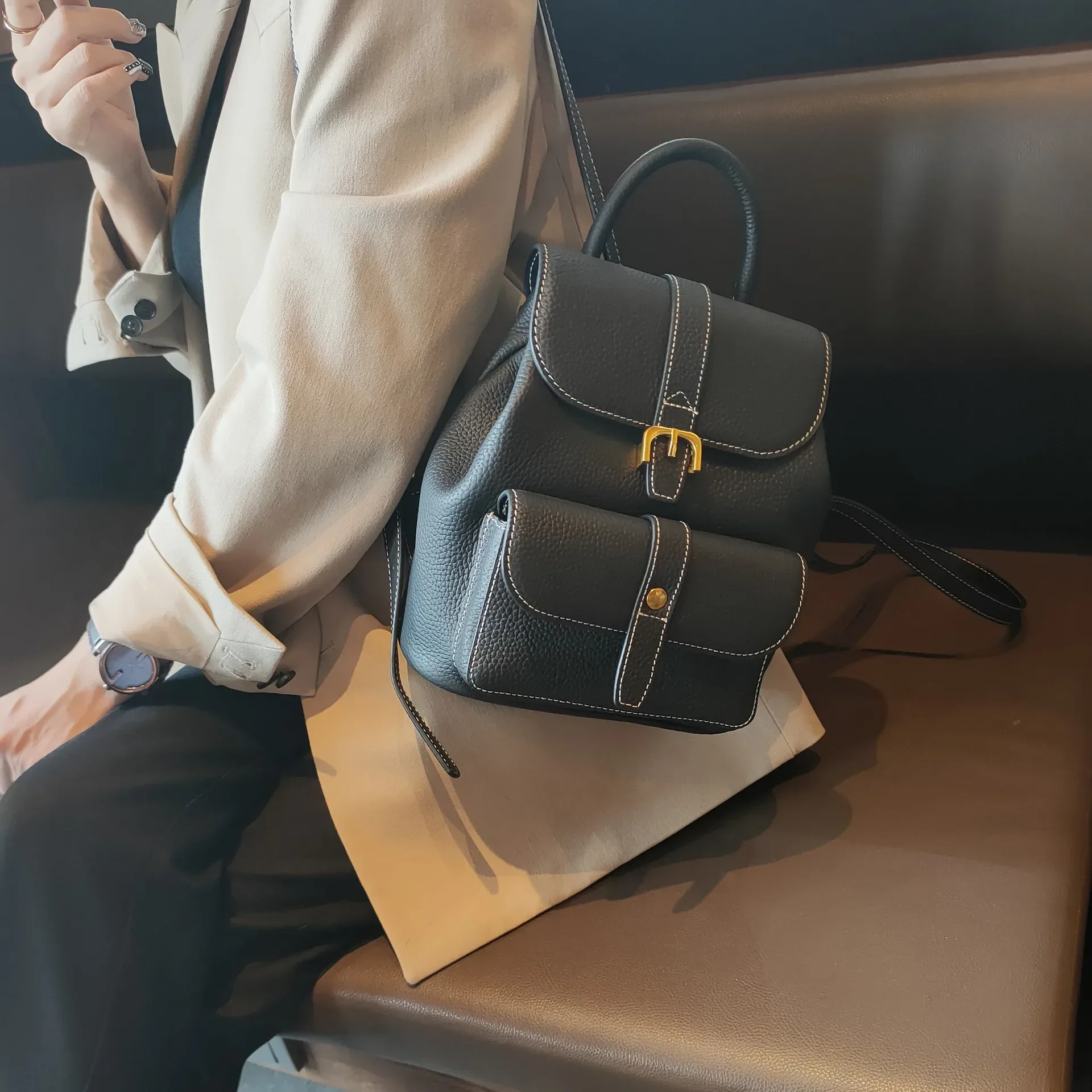 Natural Leather Backpack Women Vintage  100% Real Cow Skin Female Shoulder Bag  Rucksacks Luxury Handmade School Bags Small
