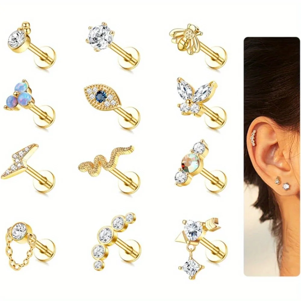 

Drperfect 12Pcs Cartilage Earrings Stud for Women Surgical Steel Top Screw Opal CZ Earrings Tragus Helix Piercing Jewelry Set