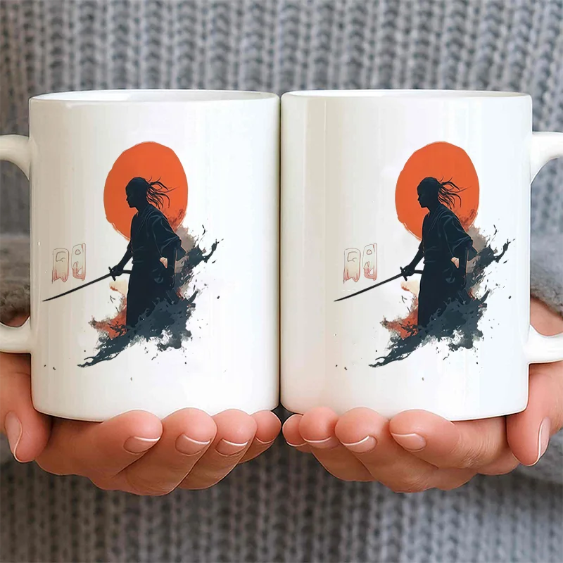 Anime Samurai Silhouette Colorful Print Ceramic Coffee Mug 11oz 350ml Personalized Custom Mug Microwave Safe Cute Aesthetic Mug