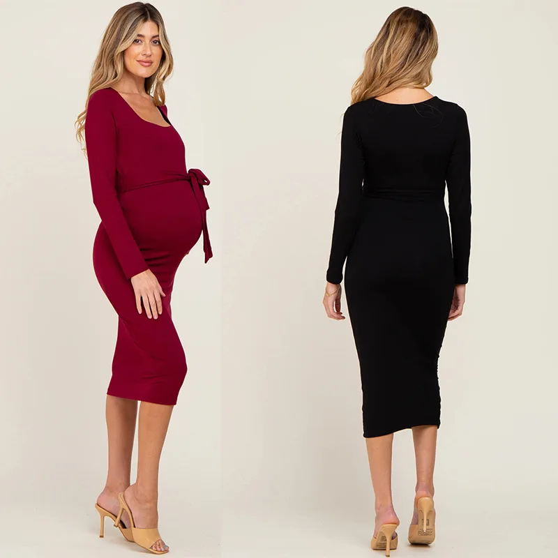 Elegant Dress For Pregnant Women Autumn Winter Long Sleeve Maternity Dress Solid Color Baby Shower Dresses For Pregnant Woman