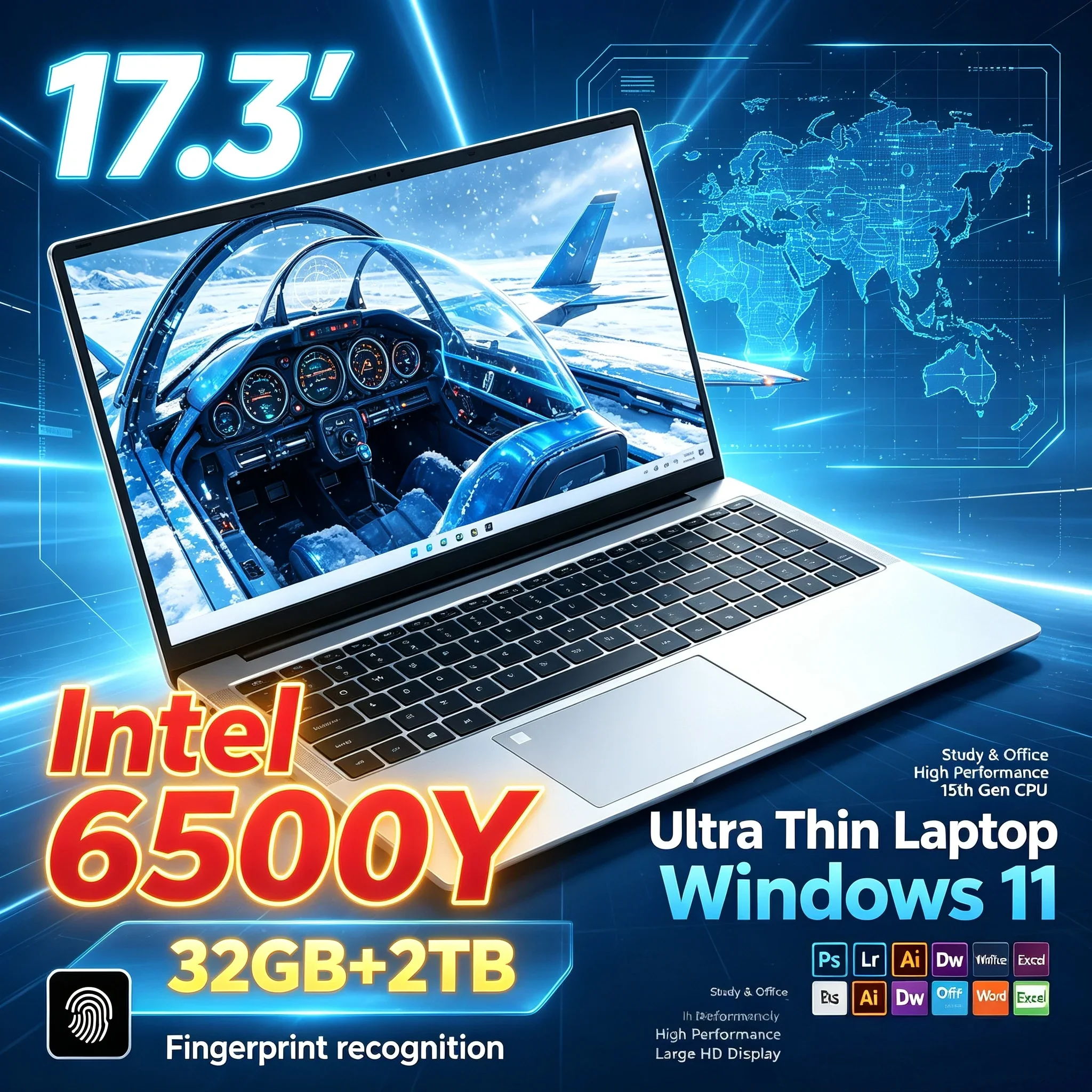 17.3 Inch Large HD Display Portable Laptop Intel 6500Y 32GB RAM 1TB or 2TB SSD Windows11 WiFi6 BT5.2 Notebook For Home & Office