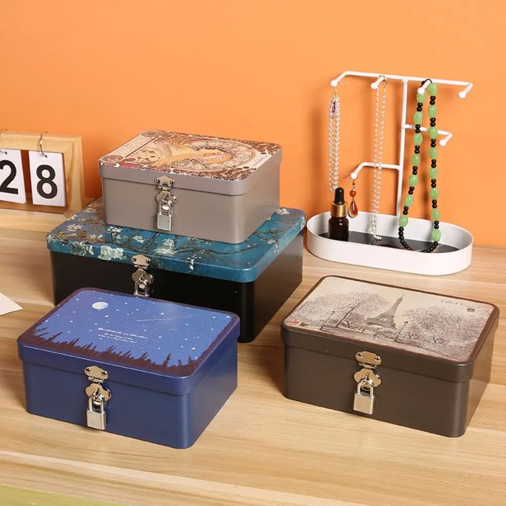 High Quality Vintage Large Capacity Tinplate Box with Lock Key Desktop Storage Case Household Jewelry Storage Empty Metal Box