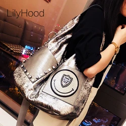 Oversized Female Vegan Leather Luxuri Leopard Pattern Hobo Bag 2024 Stylish Big Capacity Rivet Laptop Work Commuter Pouch Bag