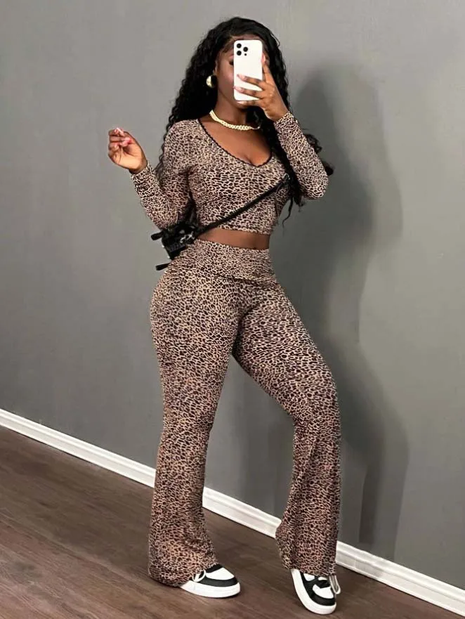 Customized LOGO European American women\'s clothing 2025 spring V-neck lace leopard print sexy casual high-waisted suit