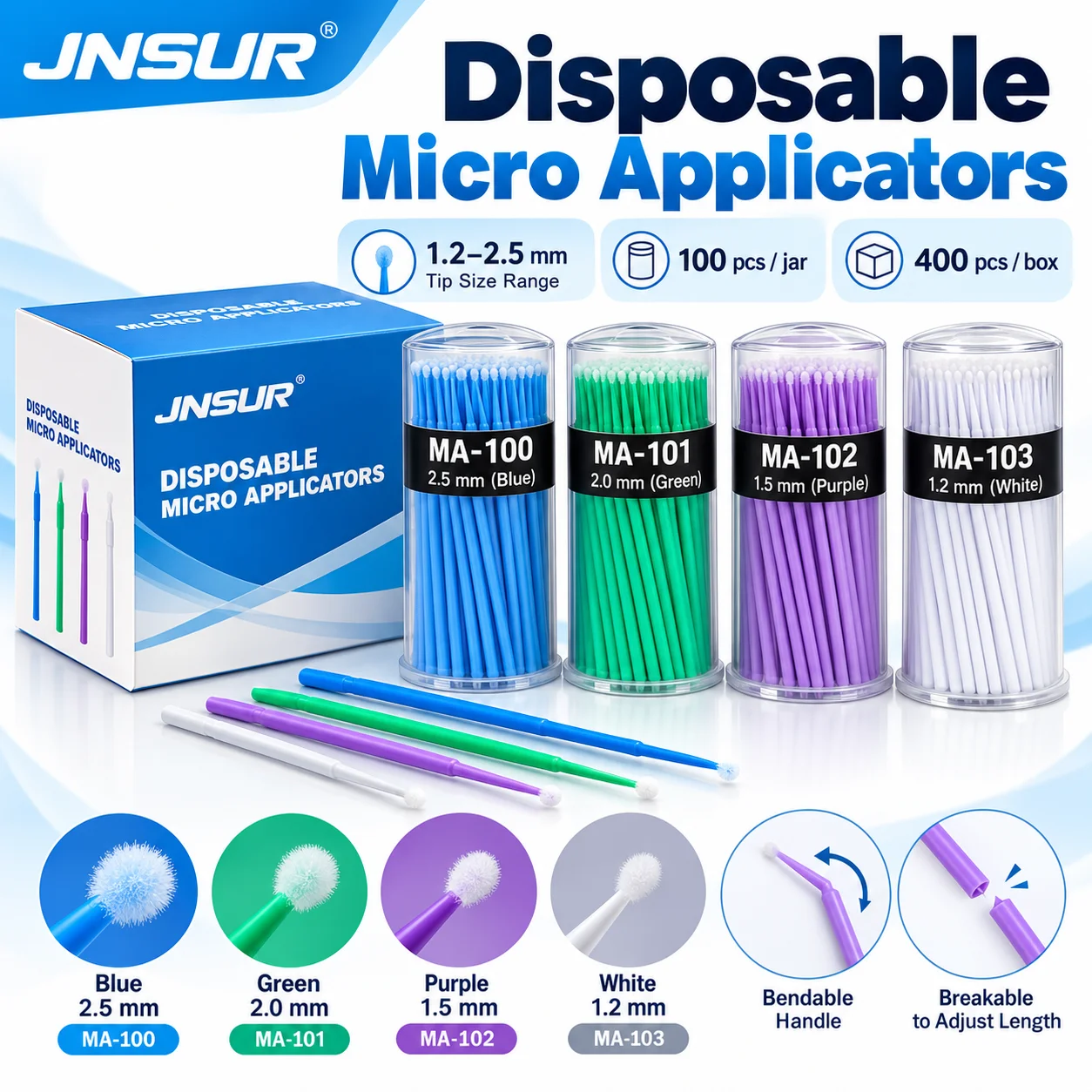 JNSUR Dental Micro Applicator Brushes 100/400Pcs Disposable Bendable Flocked Tips 1.2-2.5mm for Adhesive Etching Bonding Applica