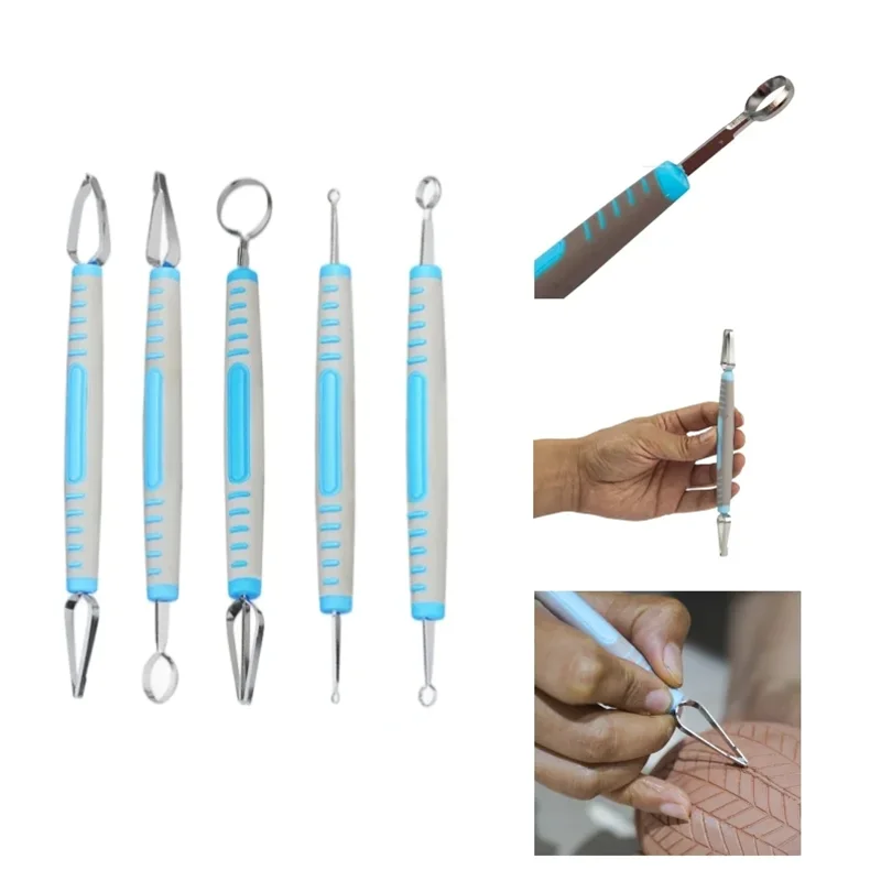 5pcs Pottery Texture Tool Carving Knife Handmade DIY Plastic Handle Double Head Ring Carving Knife Clay Fine Carving Tool