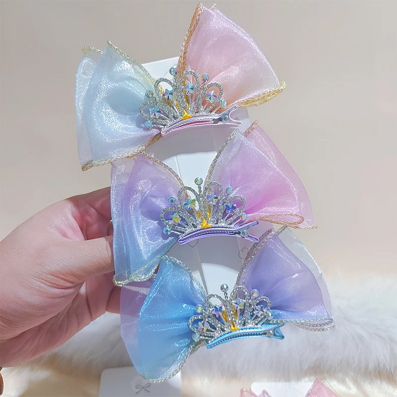 Bow Hair Accessory Children\'s Hairpins Princess Crown Rhinestone Yarn Hair Clip Little Girl\'s Birthday Photo Top Clip Headpiece