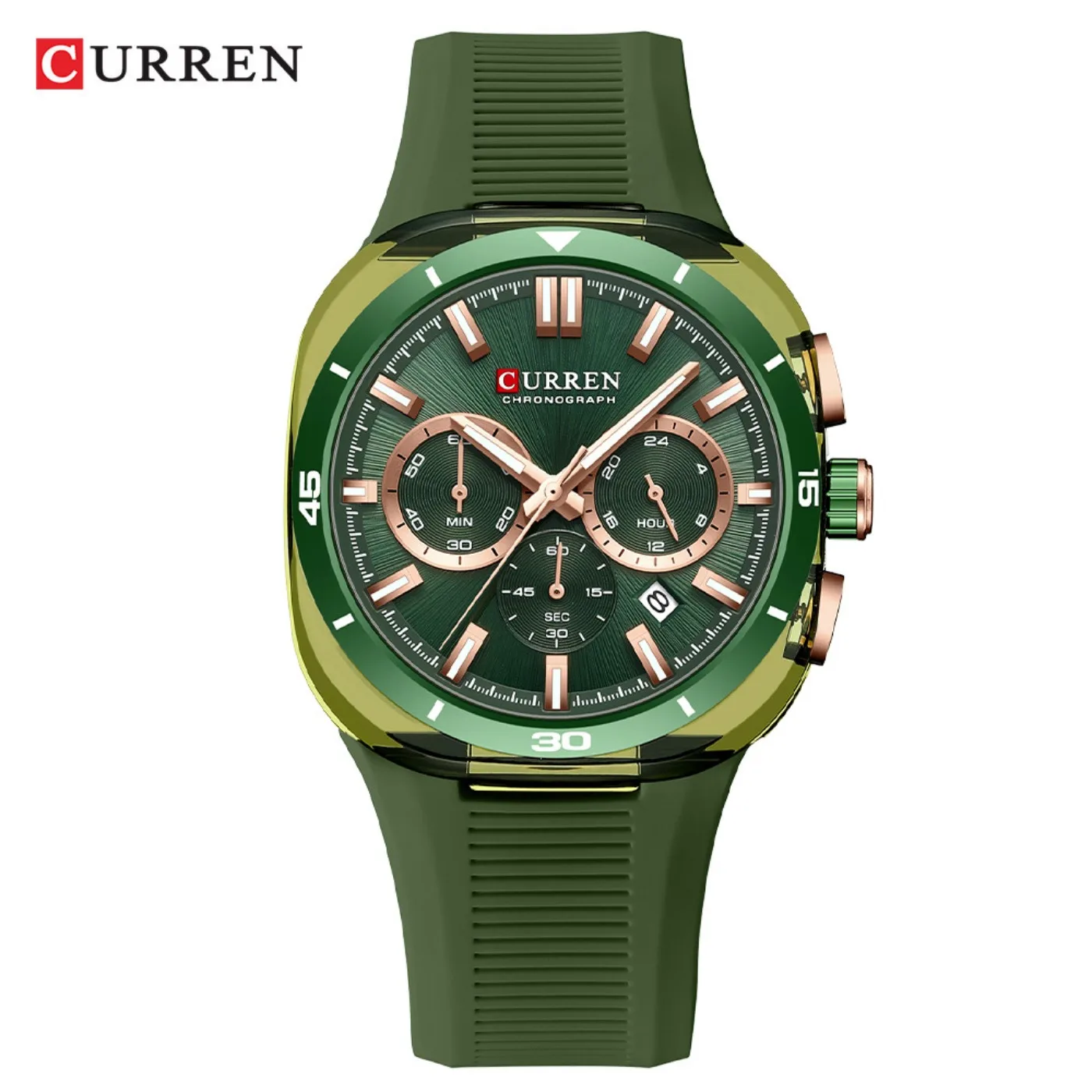 CURREN Moder Design 43mm Watch for Men with 3 Sub-Dials Quartz Movement Casaul Silicone Strap Wristwatch Luminous Hands and Date