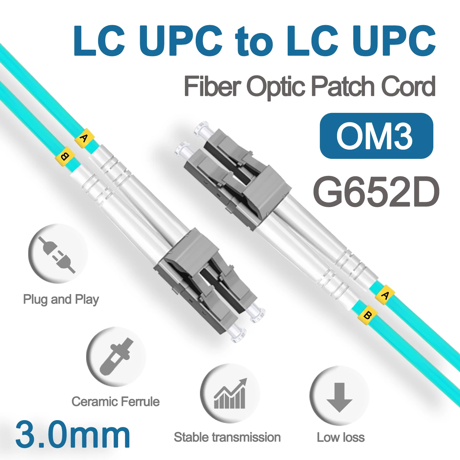 LC UPC OM3 Fiber optik yama Jumper 3.0mm Multimode kablo kordonu dubleks 1m 3m 5m PVC SM 1310/1550nm FTTH