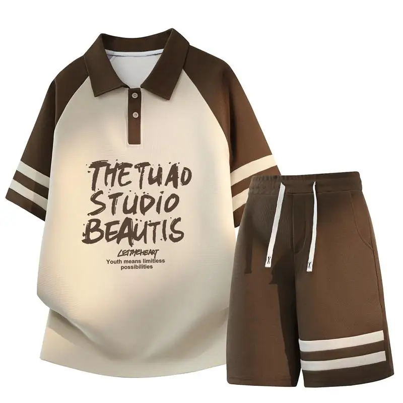 

Summer Men's Shorts Set Fashion Collar T-shirt+Shorts Two Piece Set Casual Loose Fit Hong Kong Style Printed Sportswear Set