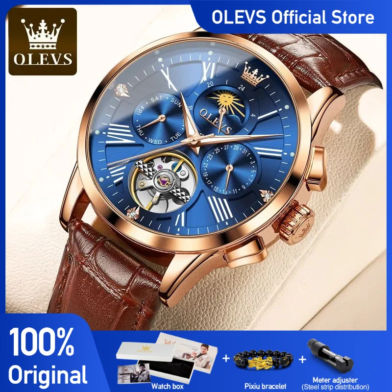 OLEVS Men\'s Watch Mechanical Watches Men Automatic Wind up Waterproof Skeleton Gold Watch for Men Luxury Gift Box Set