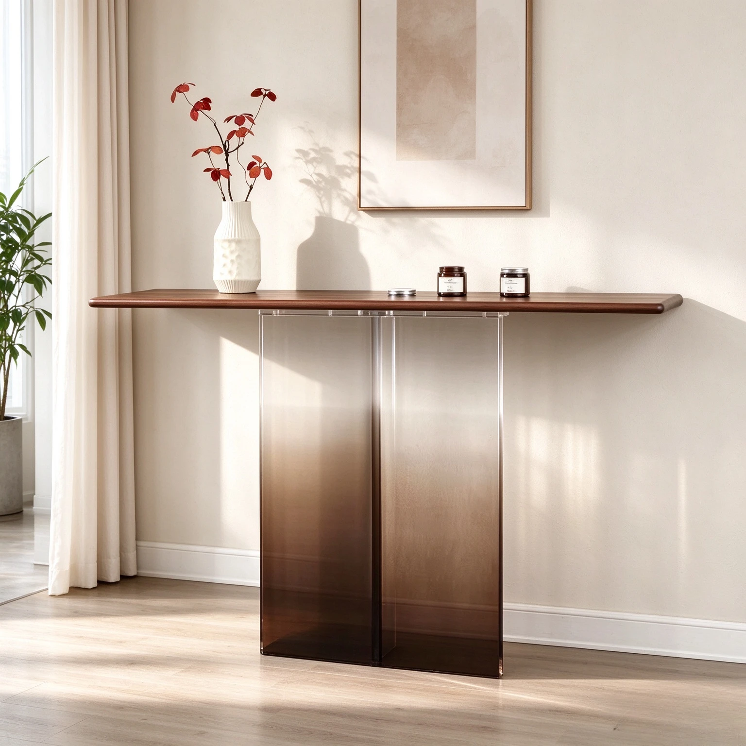 Scandinavian Acrylic Floating Console Table, Wall Mounted Narrow Entryway Desk and Hallway Sideboard for Living Room Display
