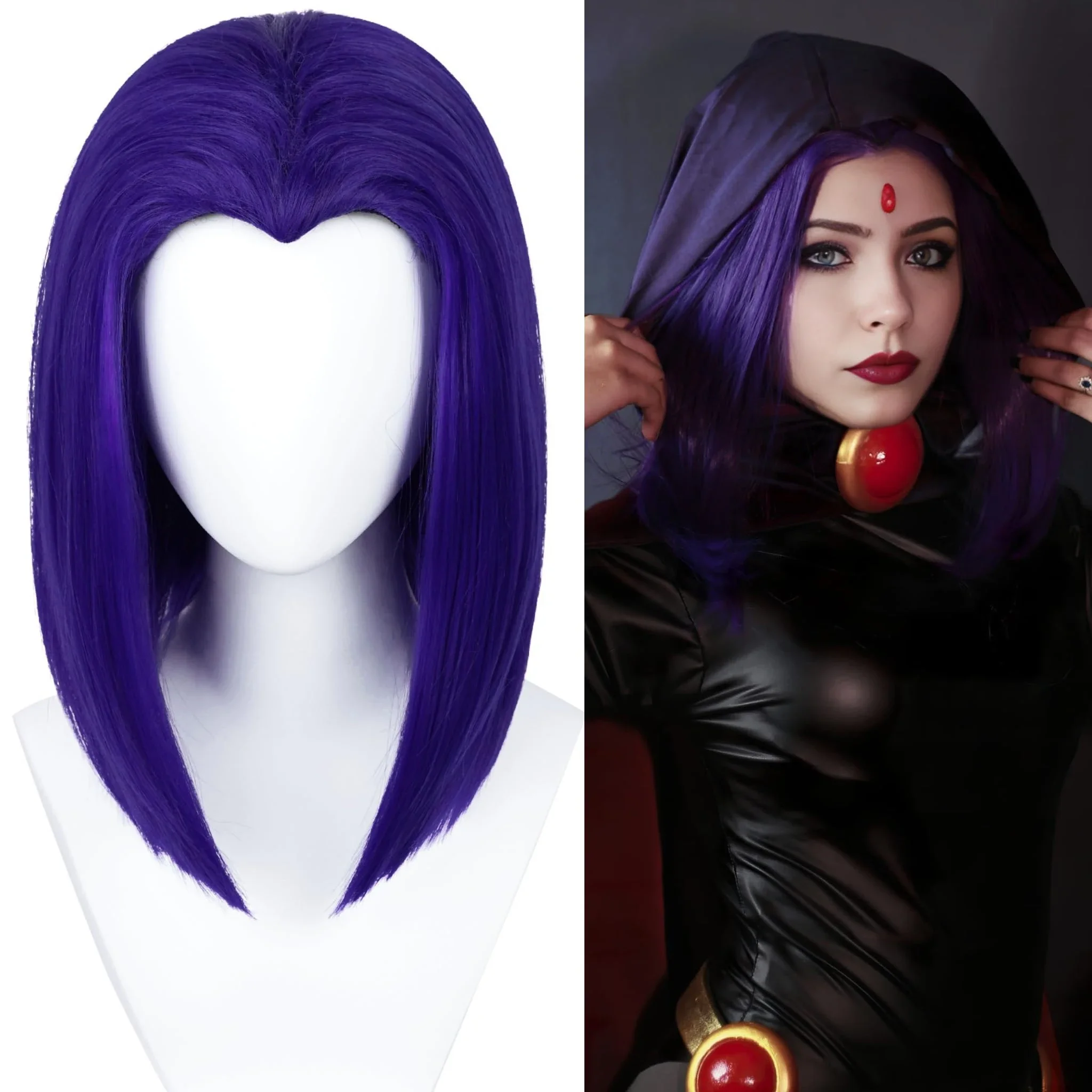Krótka fioletowa syntetyczna peruka kostiumowa dla superbohatera Raven Cosplay prosta środkowa część Bob 14 cali na przebranie na imprezę festiwal