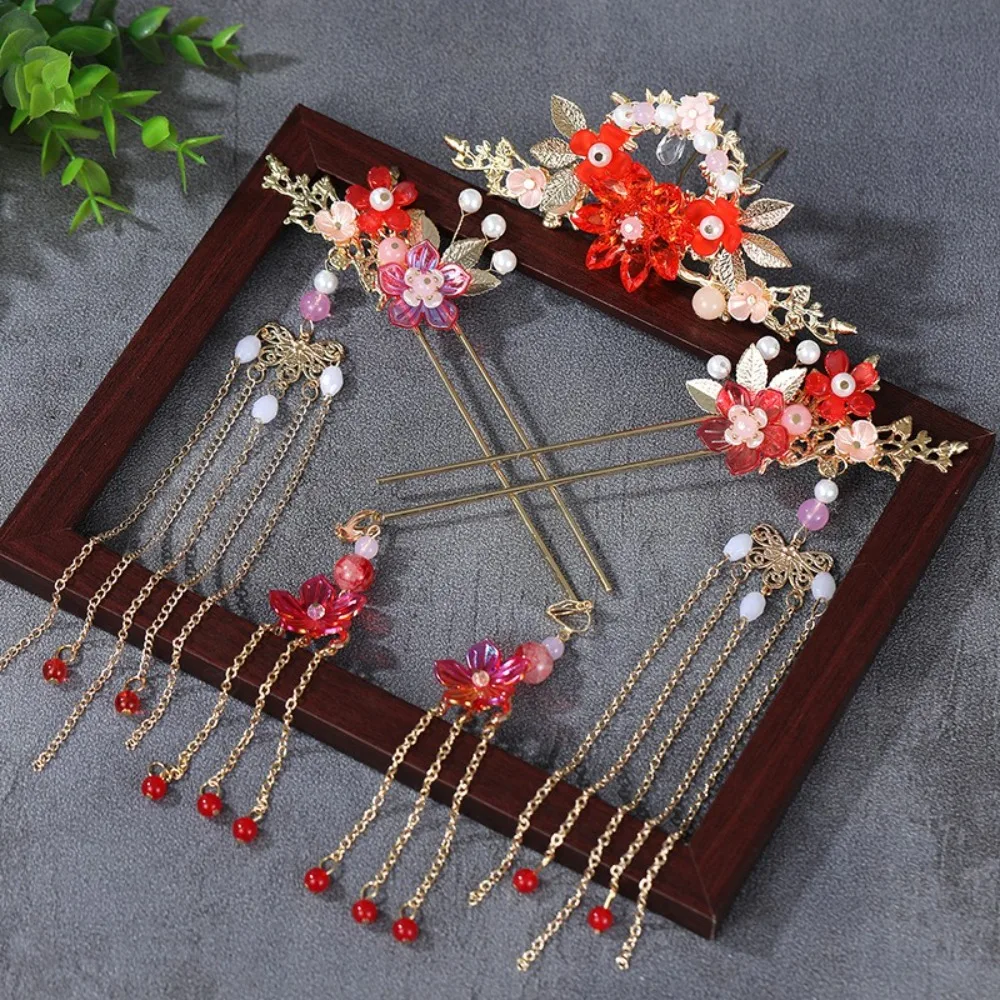 Vintage Flower Bridal Headwear Alloy Tassel Wedding Hair Sticks Chinese Style Tiaras Earrings Hairpin Set Girl