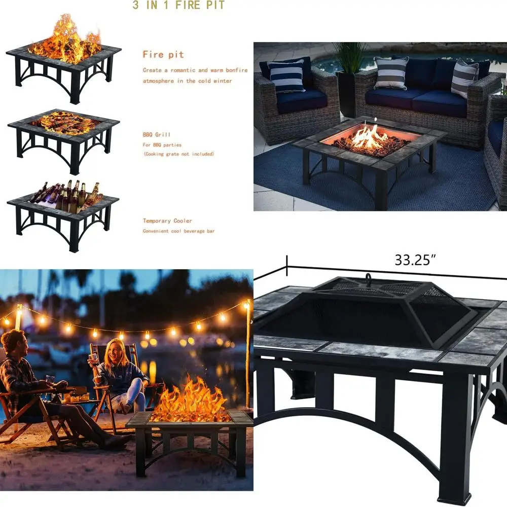 

Outdoor 35 Square Marble Tile Wood-Burning Fire Pit Table with Spark Screen and Poker for Patio, Camping, and Outdoor Heating