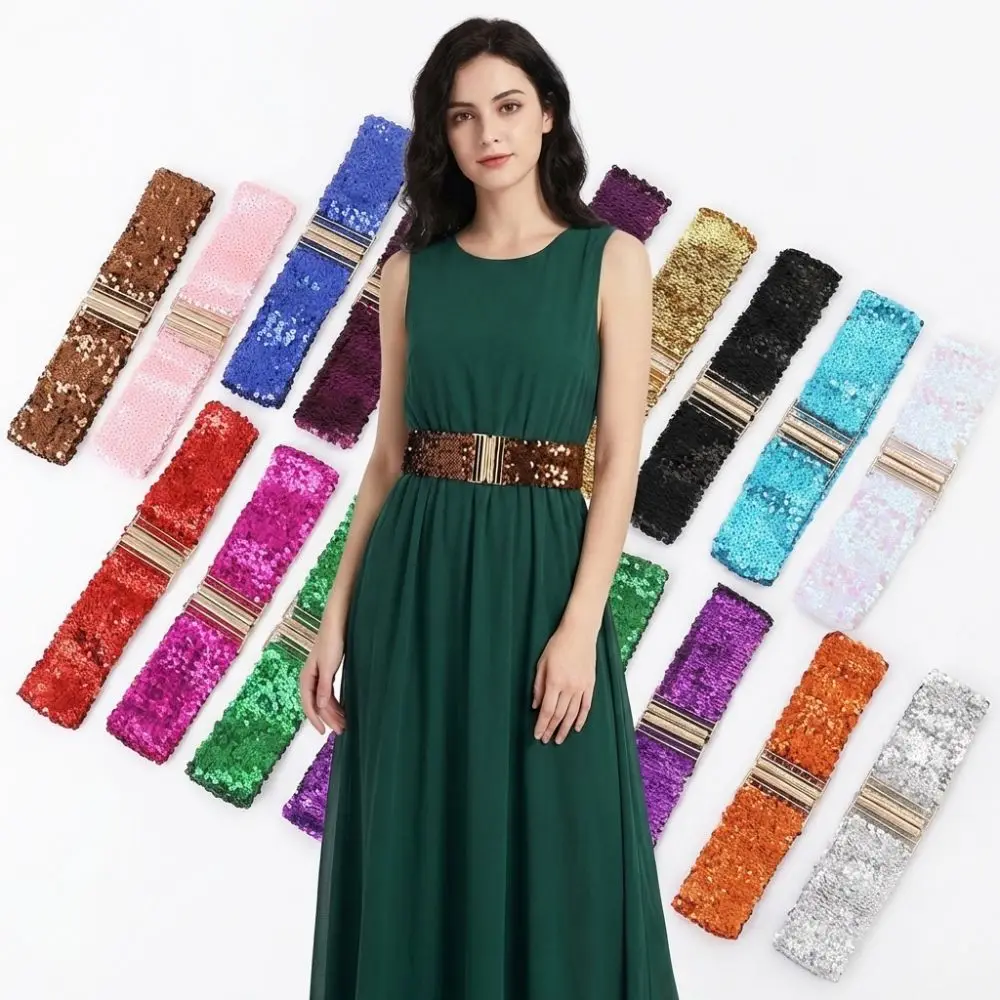 60cm Elastic Sequin Stretch Belt Eye Catching Versatile Shinny Waistband Gold Buckle Disc Professional Women's Belt Dresses