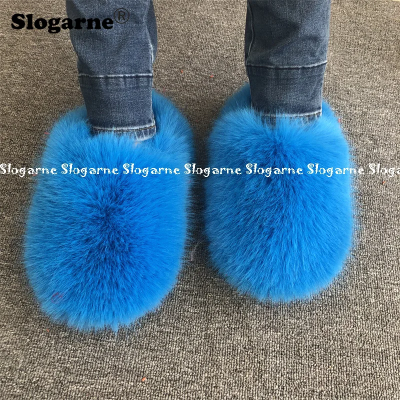 Women Faux Fox Fur Slippers Warm Plush Slides Girls Luxury Furry Shoes Home Cotton Shoes Outdoor Fur Slide Fashion Winter Shoes