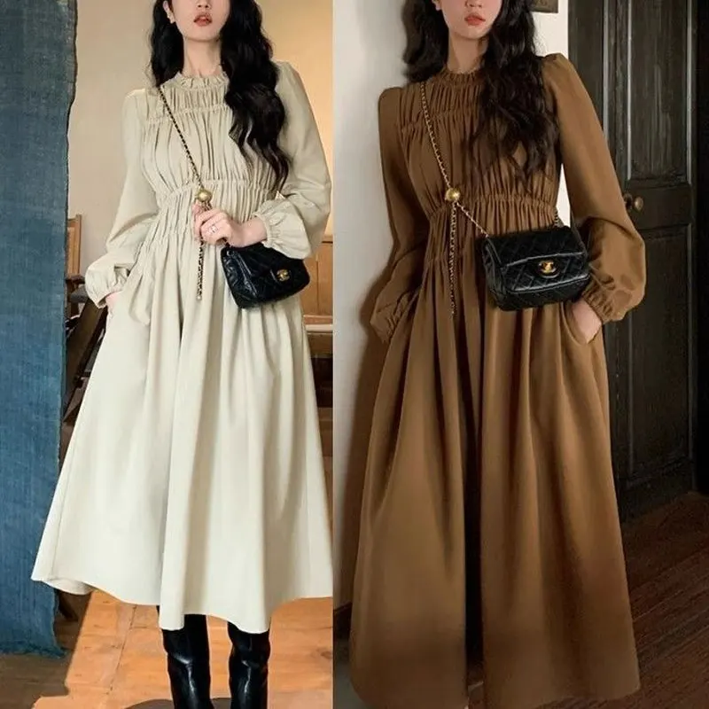 

Korean Round Neck Midi Dress Spring Autumn Basic Solid Color Women's Clothing Aura Fashion Shirring Elegant A-Line Waist Dresses