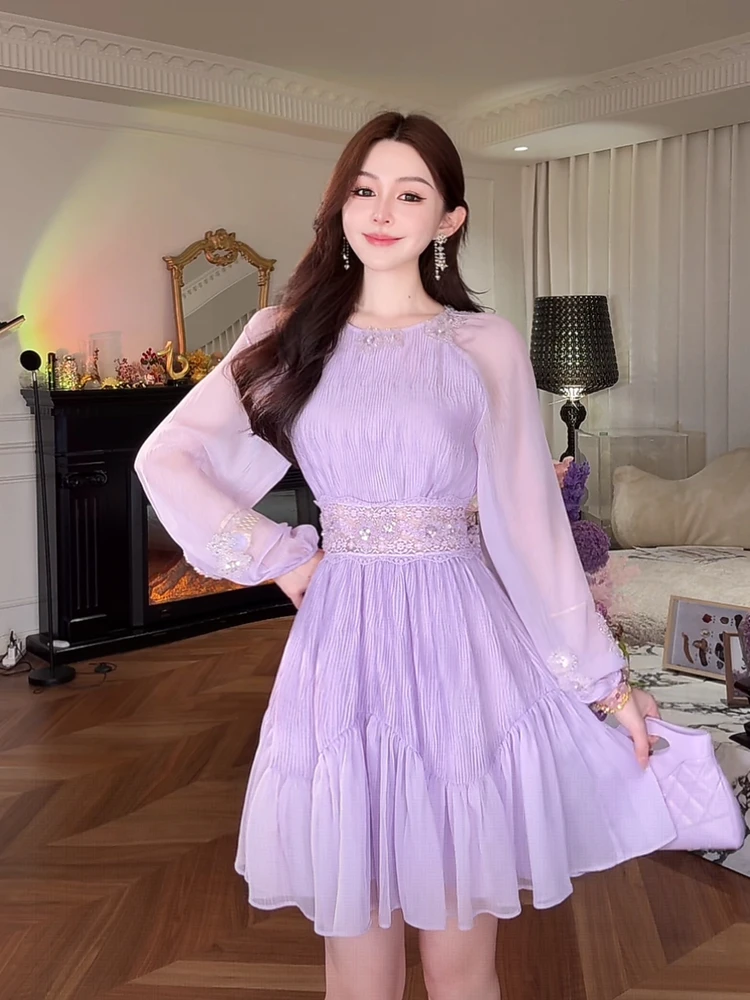 

Romantic Flower Story Fashion Pleated Neckline Straight Leg Pants Set round Neck Dress Elegant Style for Women Autumn Wear