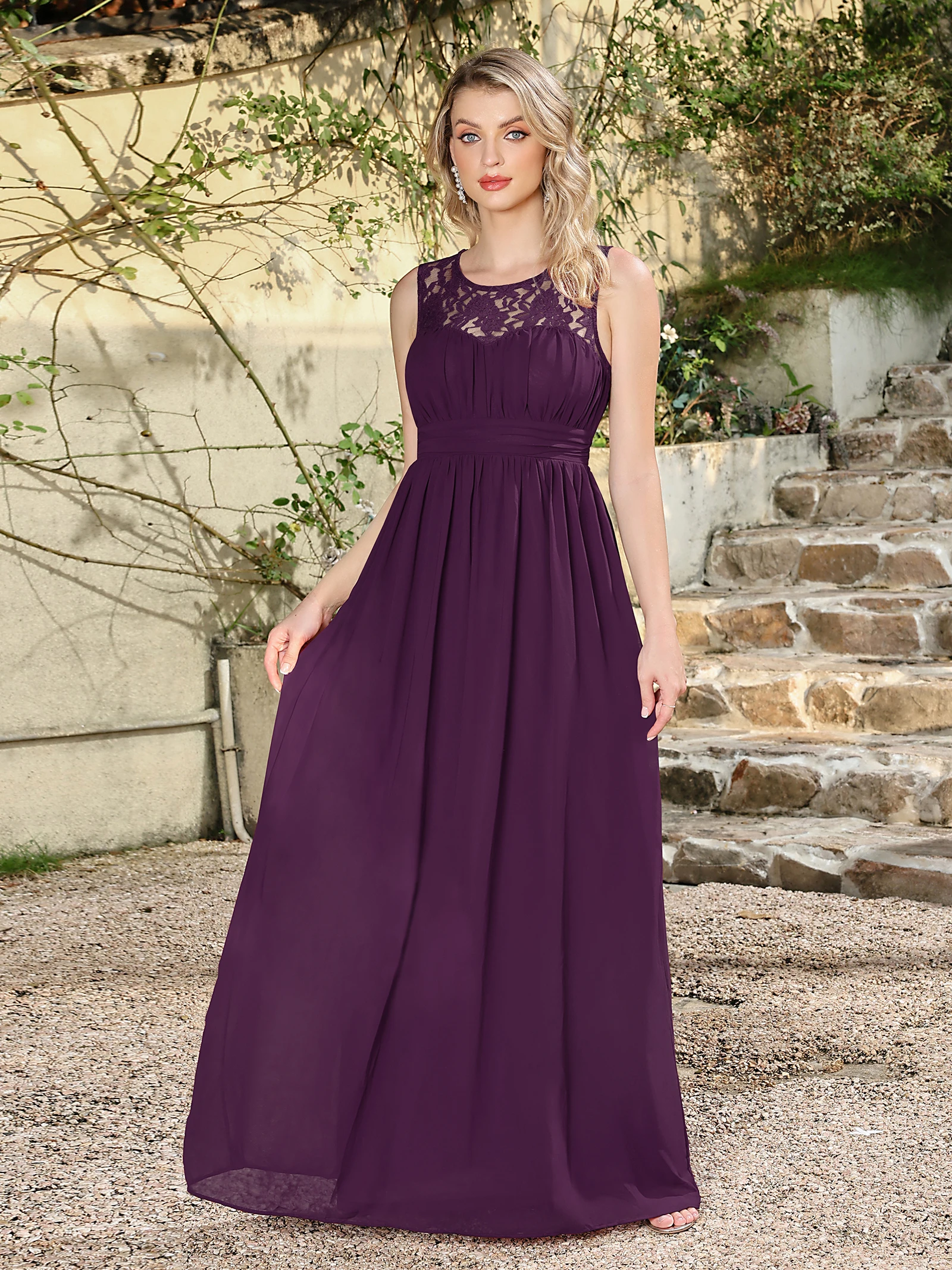 

BABYONLINE Empire Evening Dresses Sheer Floral Lace Back O-Neck Sleeveless Prom Dress Chiffon Pleated A-Line Formal Vestidos