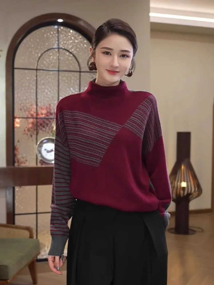 

Women's High Ne Knitwear Loose Fit Inner Stripe Top Warm Cozy Sle Autumn Winter Faion Gentlewomen's Clothing