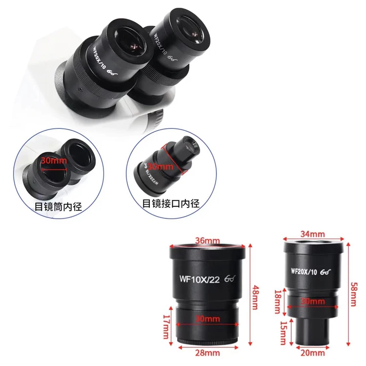 2PCS WF10X/22  WF20X/10 Wide Field Eyepiece For Binocular Trinocular Stereo Microscope 30MM Installation Interface