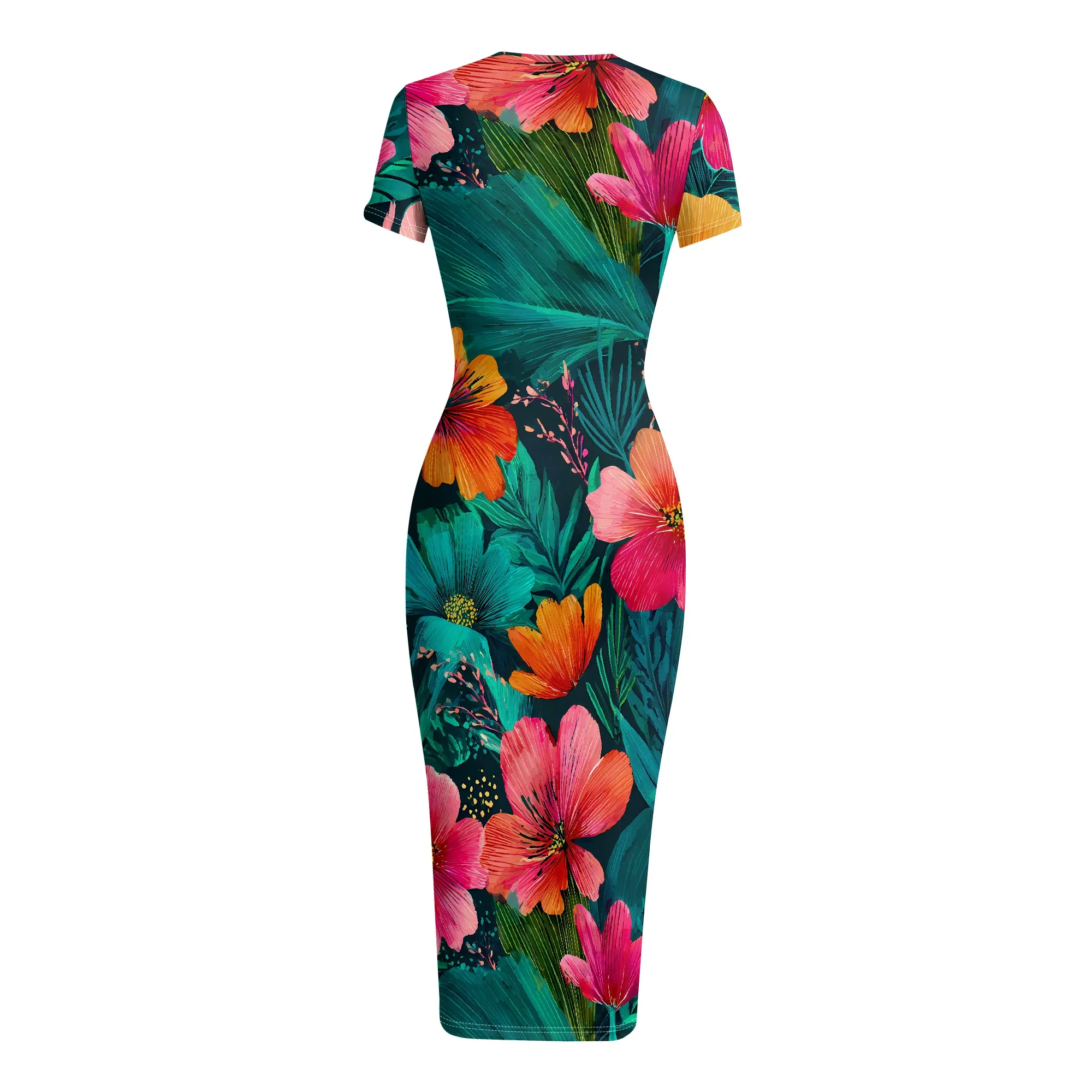 Tropical Floral Print Dress, Vibrant Leaf Pattern Midi Dress, Summer Vacation Bodycon Dress, Short Sleeve Casual Wear, S-2XL