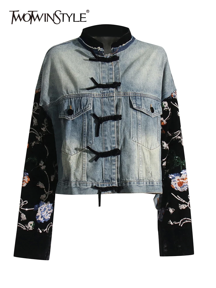 

TWOTWINSTYLE Embroidery Patchwork Denim Jackets For Women Stand Collar Long Sleeve Spliced Pockets Casual Jacket Female Style