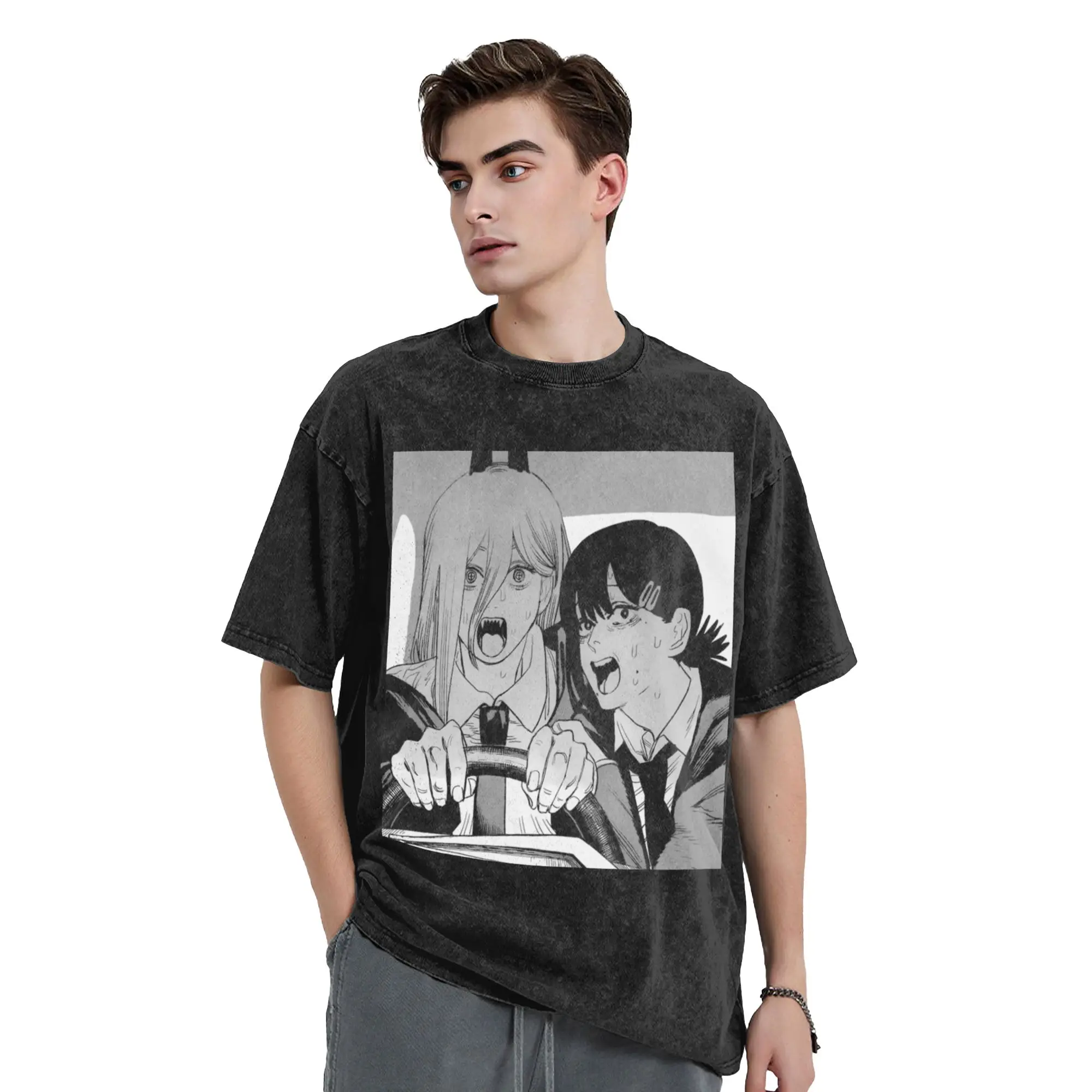 Streetwear 2 Chainsaws Man power and Kobeni  Washed T Shirt Men's Round Neck Short Sleeve Top Tee  100%Cotton Summer Clothing