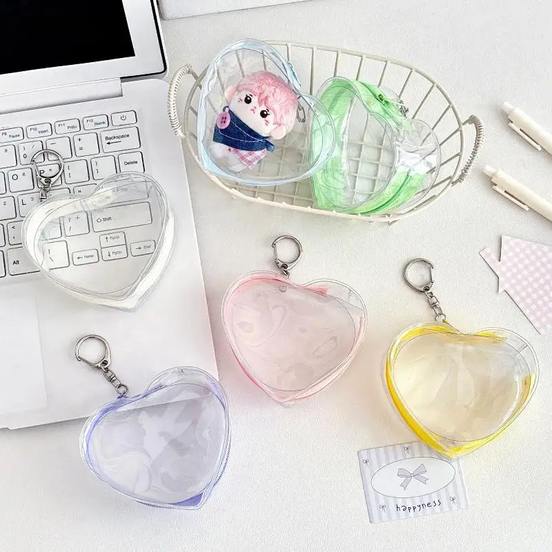 1Pc Portable Colorful Heart Transparent Zipper PVC Storage Bag Kaychain Plush Dolls Protector Case Earphone Data Wire Coin Pouch