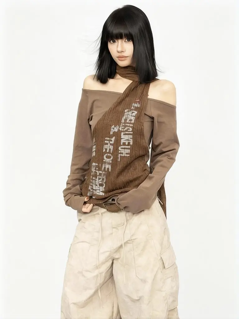 Y2K Vintage Fake Two-Piece Off Shoulder Top Women Layered Long Sleeve T Shirt Designer Print Halter Top Casual Basic Tees