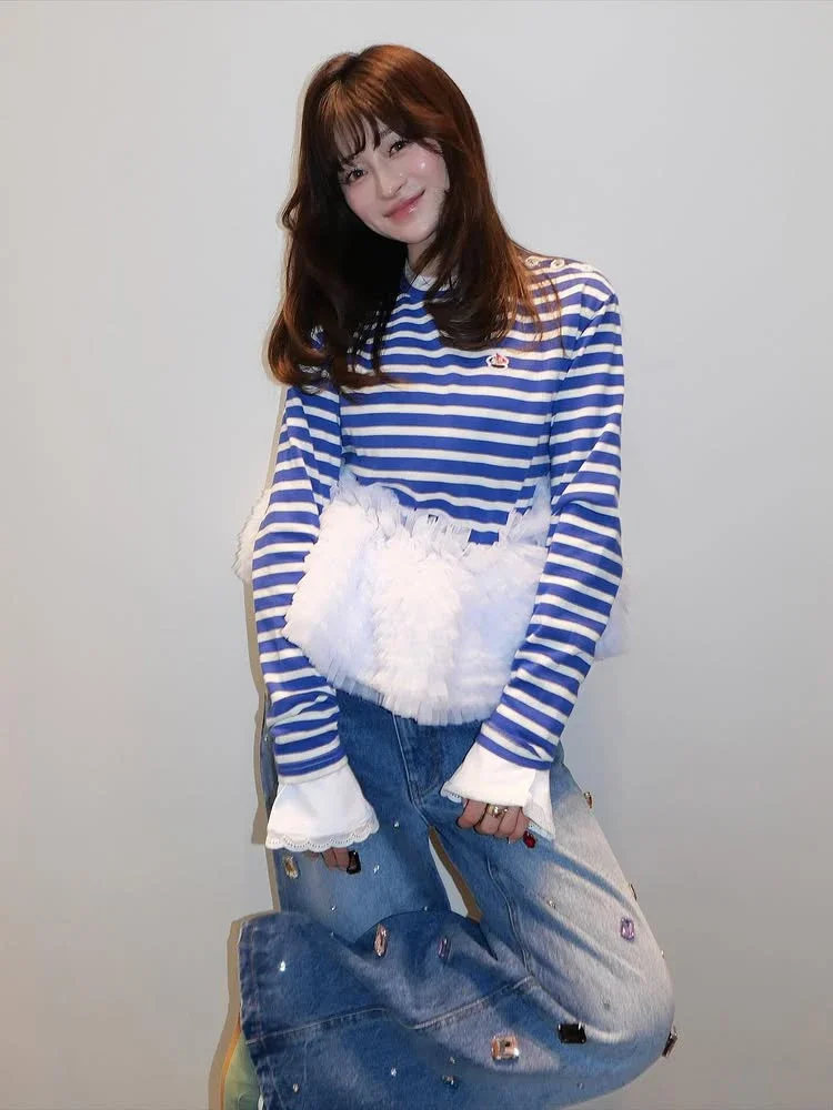 2025 New Japanese Girls Sweet Mesh Patchwork Long Sleeve T-Shirt Spring Autumn New Girls Women Daily Basic Casual Cotton Tops