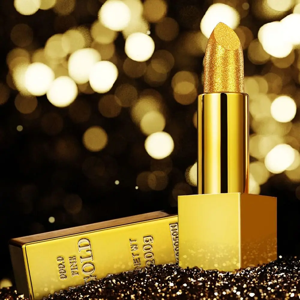 Long Lasting Glitter Gold ลิปสติก Waterproof Shimmer Metallic Matte Lip Gloss Non-Sticky Cup Gold Tube Velvet Lip Stick