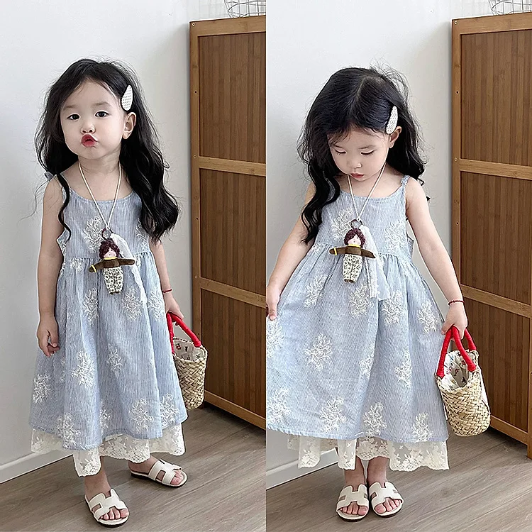 

Baby Girl Dress Baby Girls Summer Seaside Holiday Wind Blue Embroidered Lace Vest Slip Dresses Children Princess Dress