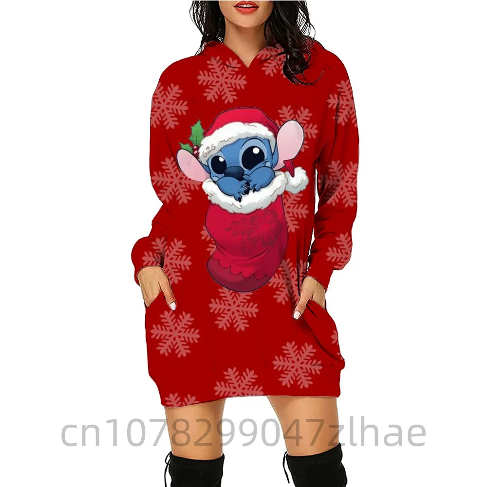 New Women's Disney Series Christmas Stitch Printed Pullover Sweatshirt Hooded Dress Casual Fashion Women's Clothing tops y2k