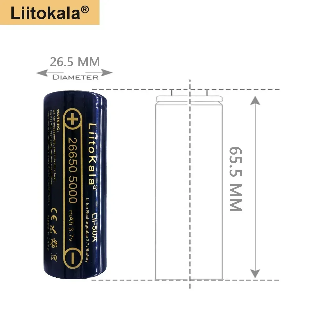 3.7V 26650 5000mah Li-ion Rechargeable Battery For Strong Flashlight, Power batteries 20A Discharge 100% Real Capacity LiitoKala